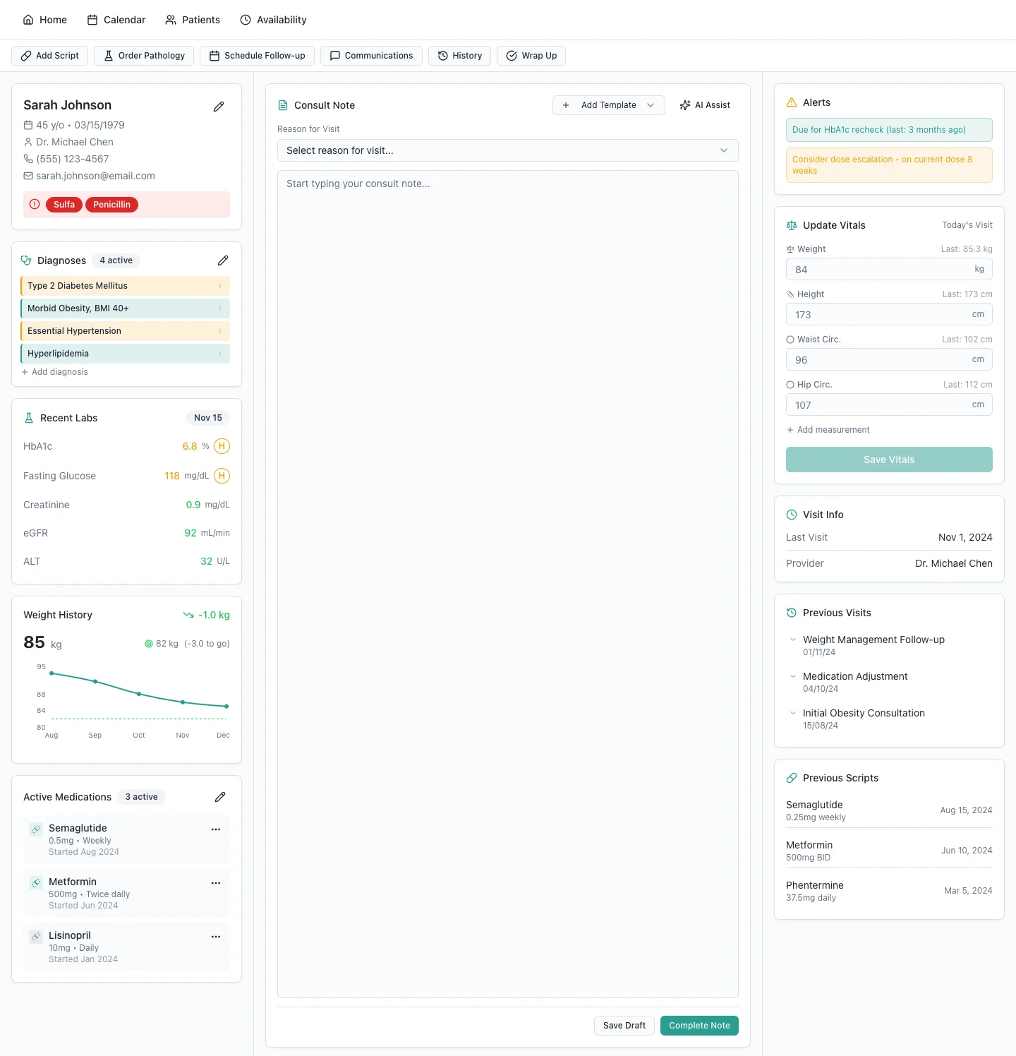 Clinician console showing a patient chart, flagged labs, alerts, vitals entry and an AI-assisted consult note editor