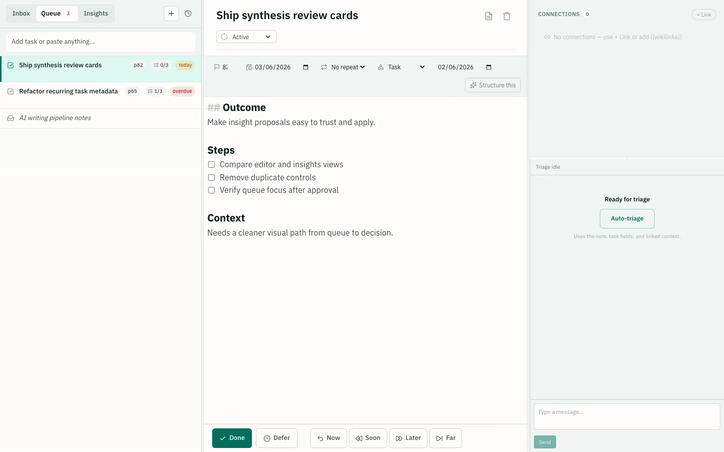 Kaikki task view: a task queue, a task with outcome, steps and context, and a triage panel.