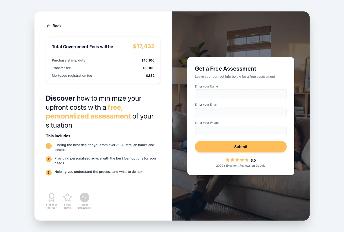 Stamp duty calculator result screen: 'Total Government Fees will be $17,432' with a line-item breakdown, beside a 'Get a Free Assessment' contact-details modal.