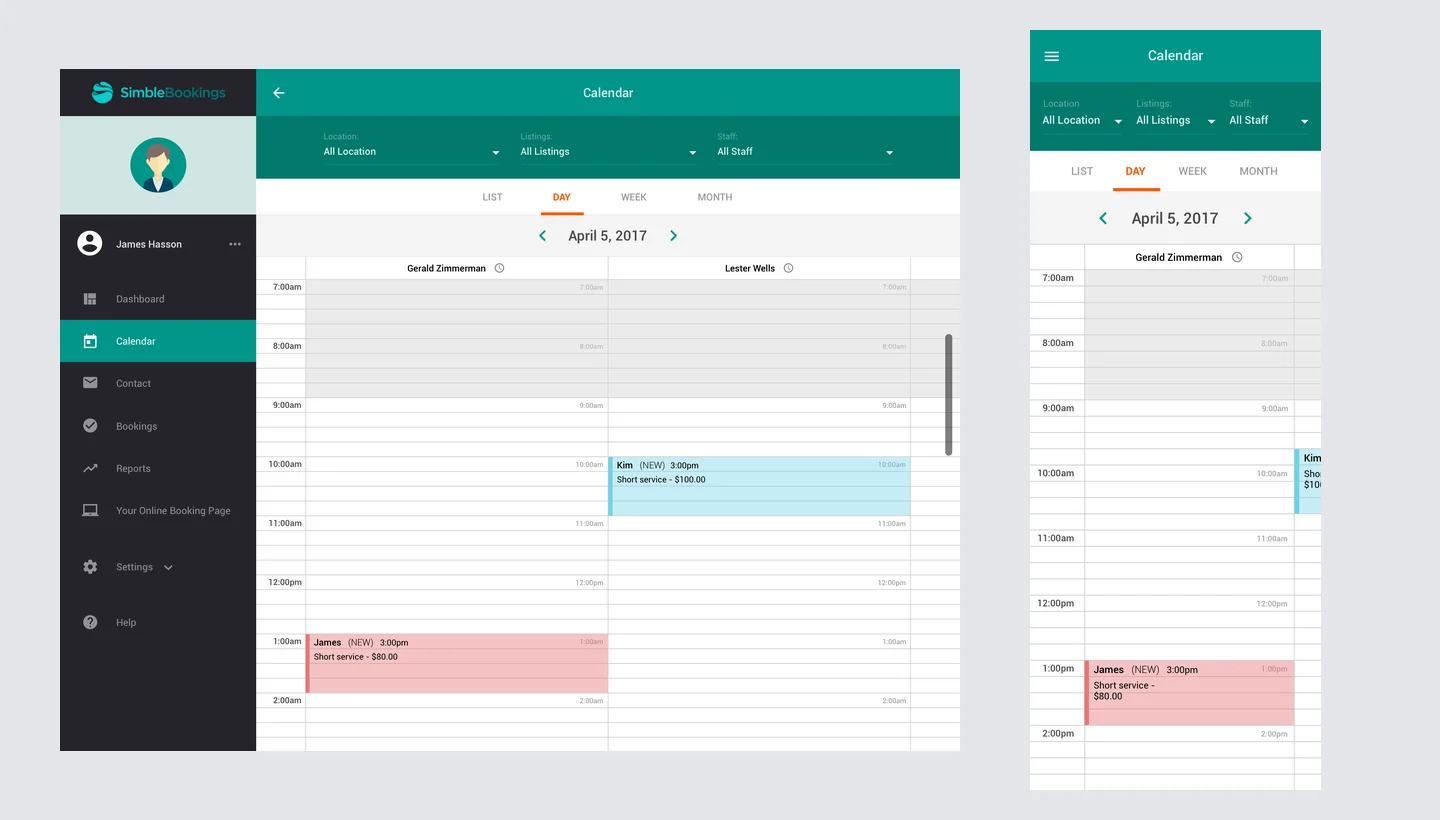 Simble Bookings day view on desktop and on a phone, each showing two bookings on 5 April 2017.