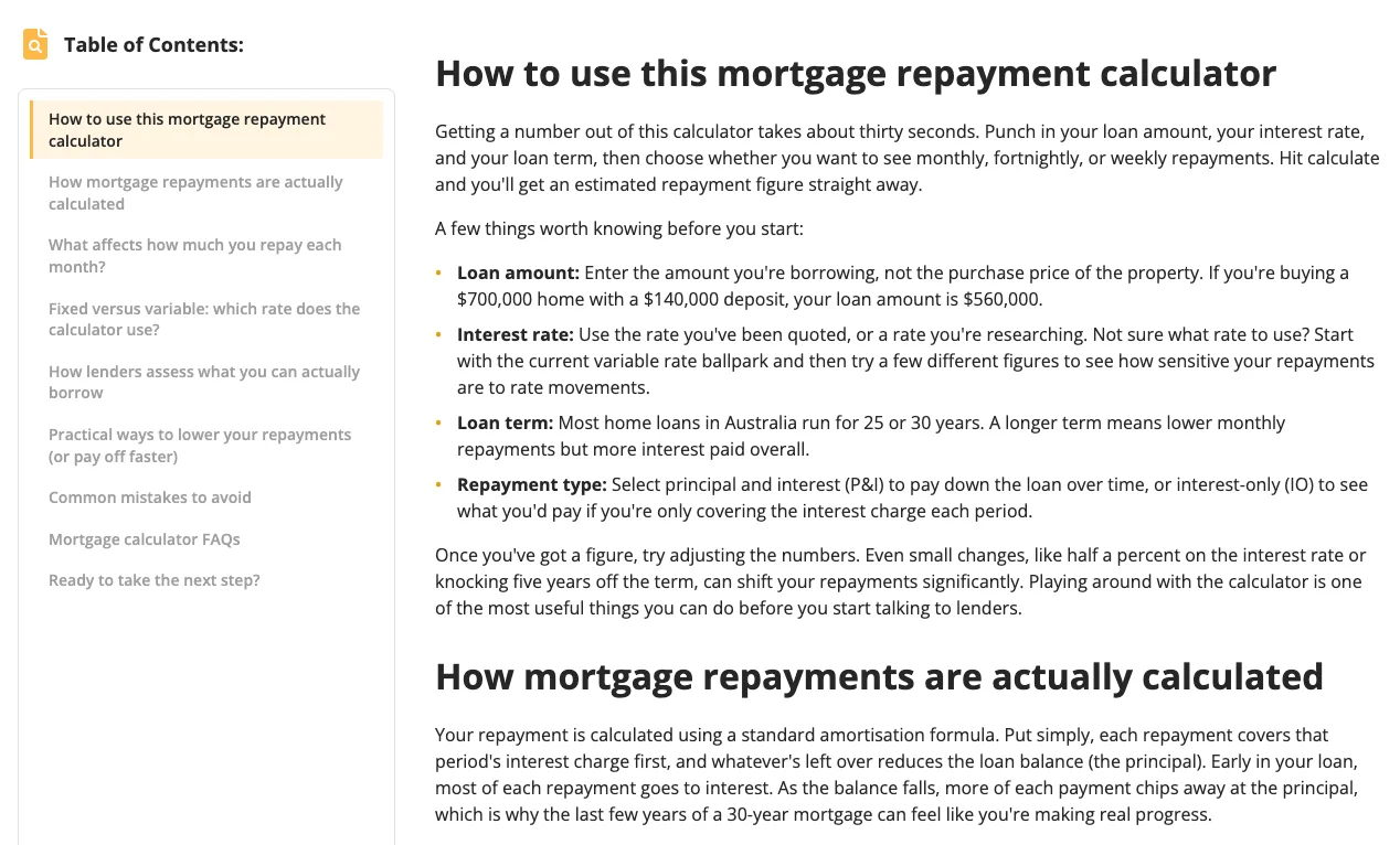 Mortgage repayment calculator guide with a table of contents on the left and a plain-English explanation of inputs on the right.